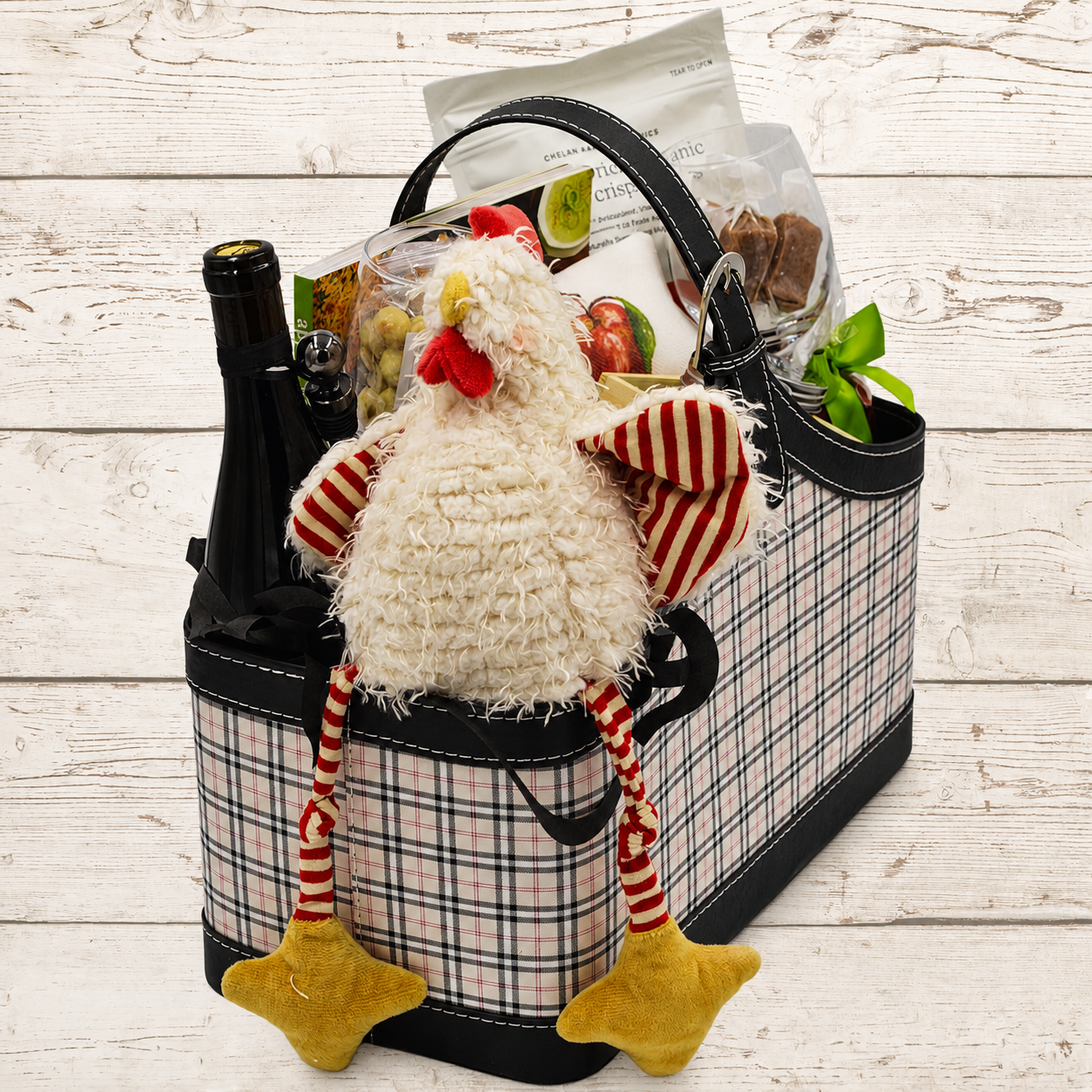 basket with plush chicken and items