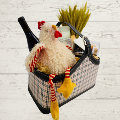 Gift basket with plush chicken and items