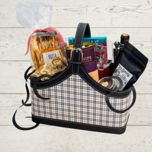 dinner basket with wine, pasta and dessert