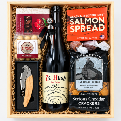 box ith wine crackers smoked salmon and other items