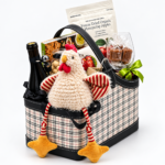 The Roost basket with plush chicken and other items