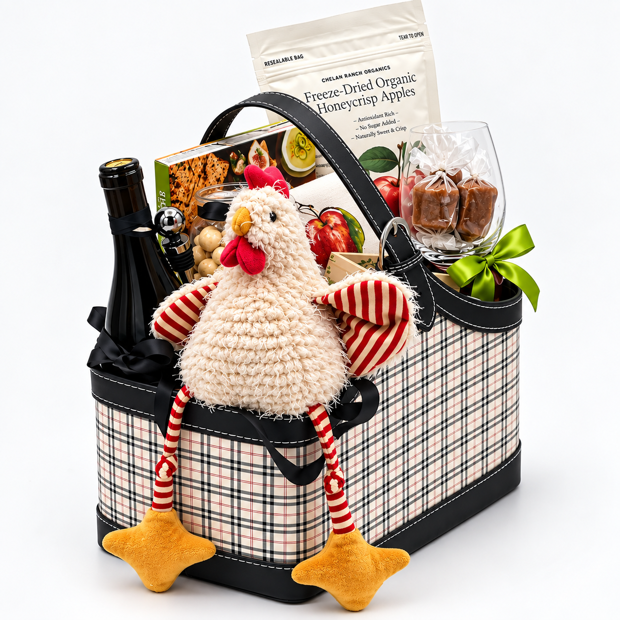 basket with plush chicken and other items