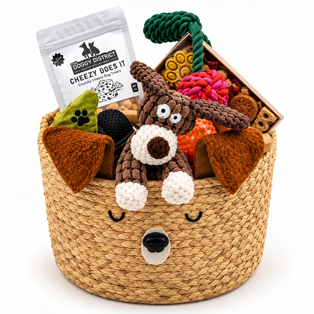 basket with plush dog toy, treats and toys