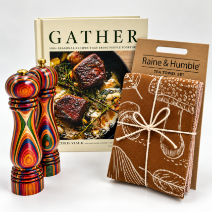 cookbook, hand towels and salt and pepper shakers