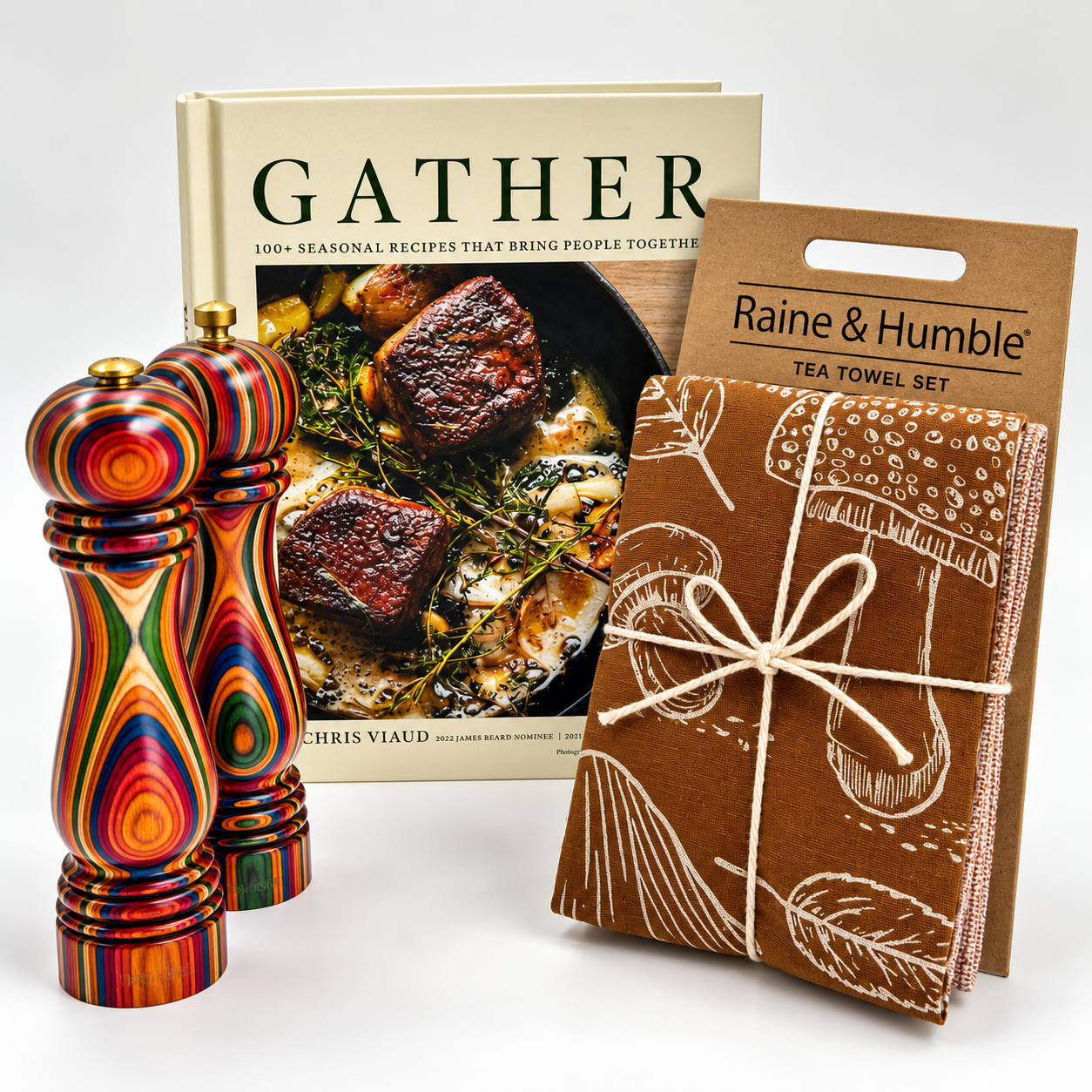 cookbook, hand towels and salt and pepper shakers
