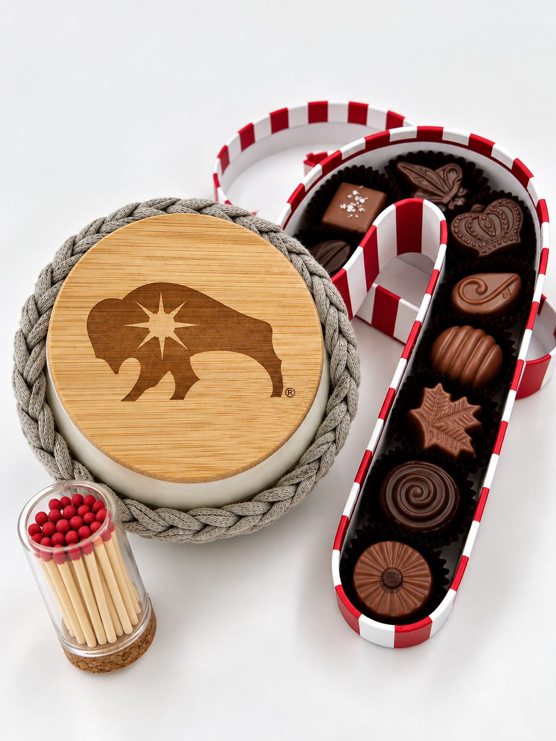 candy cane box with chocolates snd candle